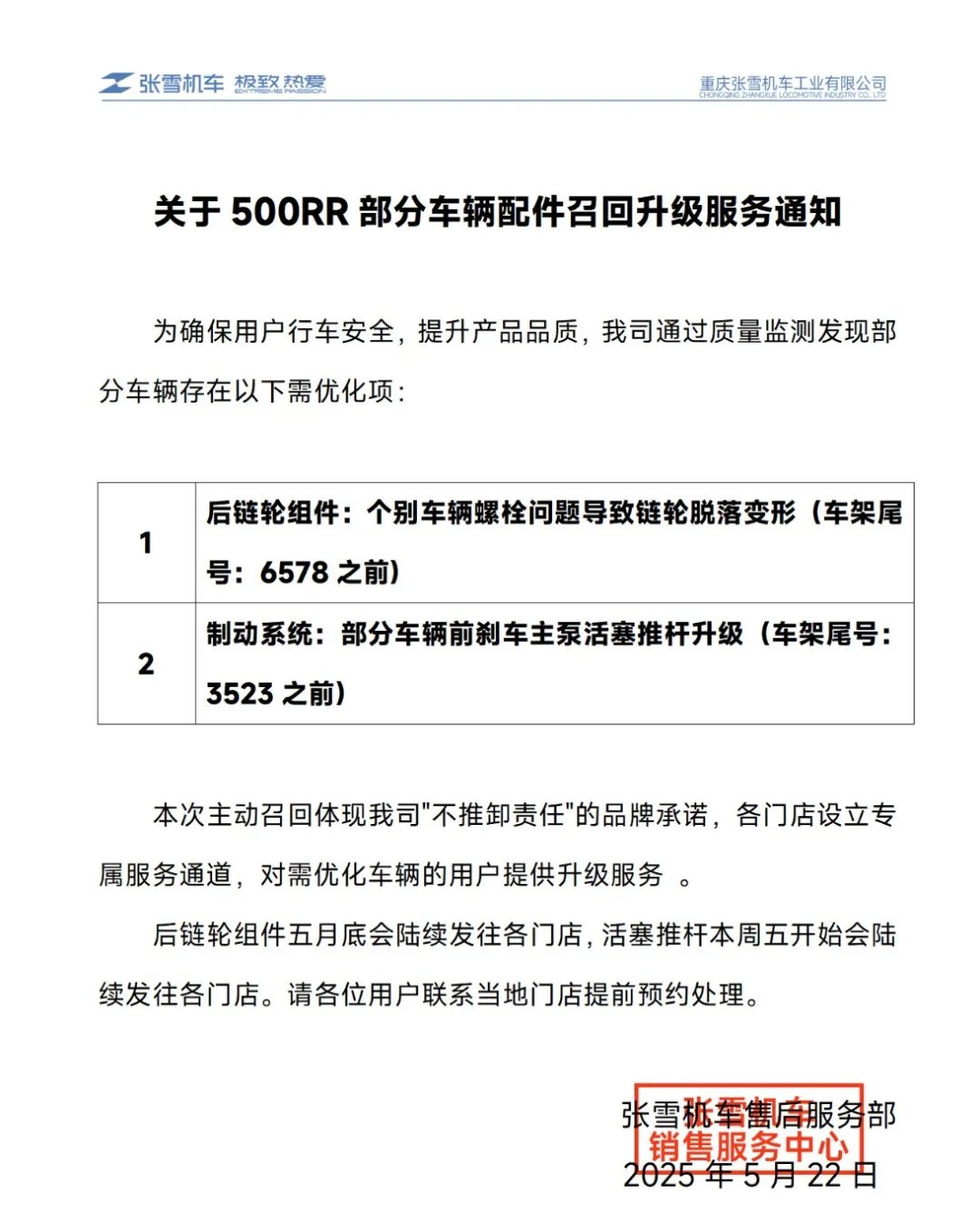 张雪机车首次召回，500RR车主注意了！