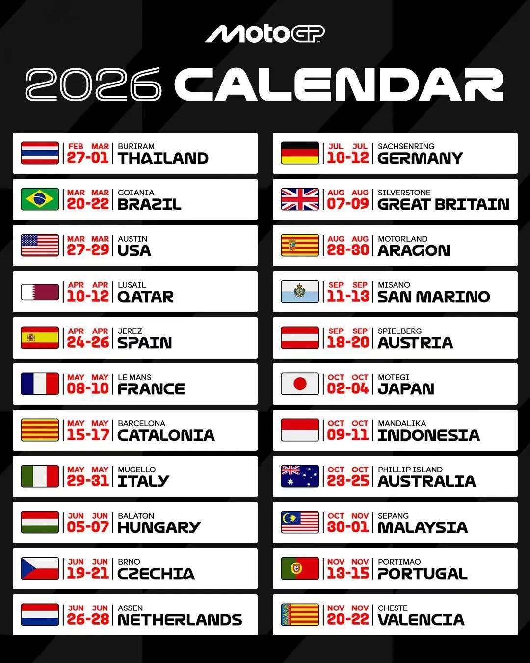 你好2026赛季！本赛季赛历和MotoGP组别车手名单都在这里！