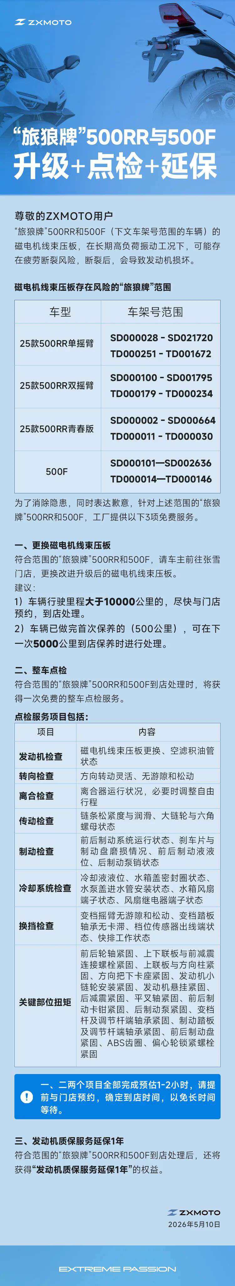 “旅狼牌”500RR与500F升级+点检+延保