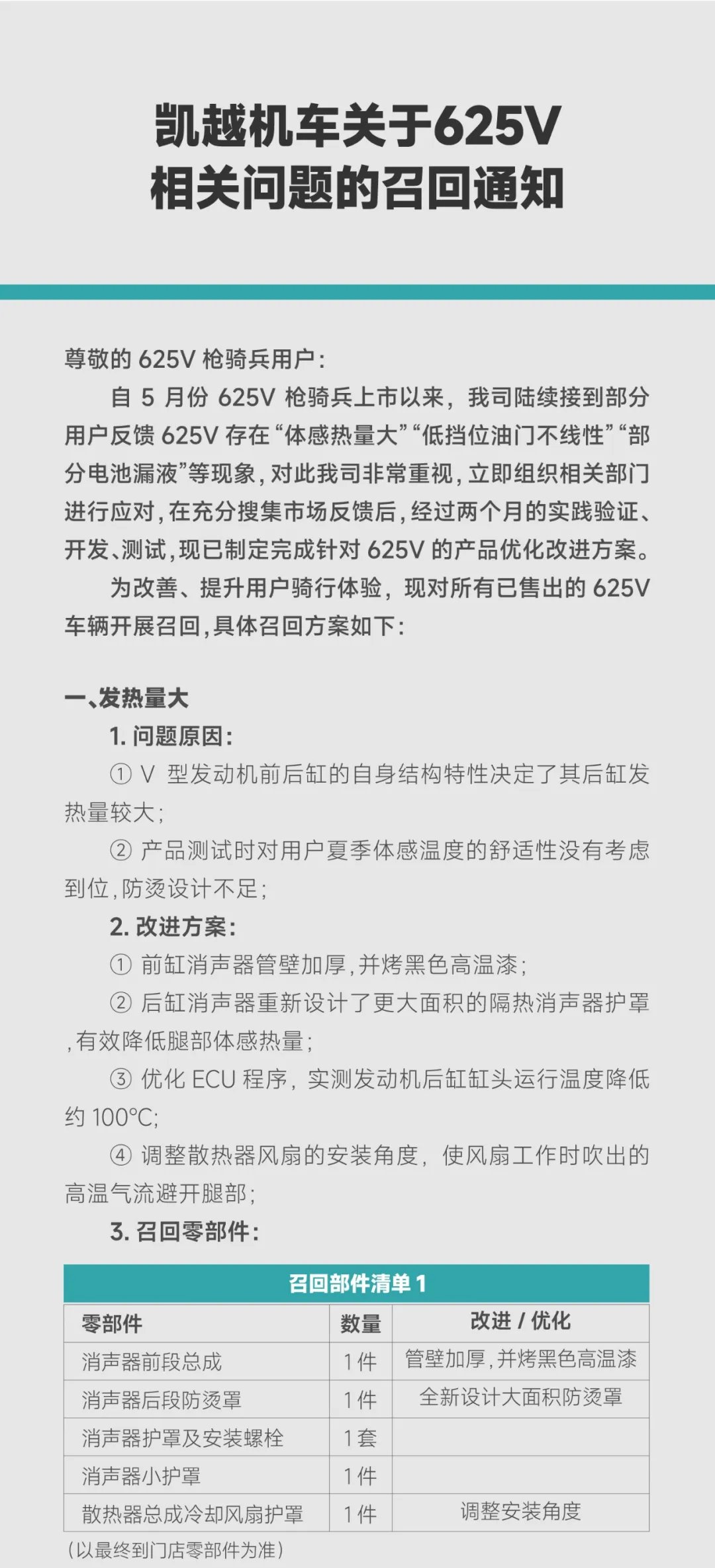 凯越机车关于625V相关问题的召回通知